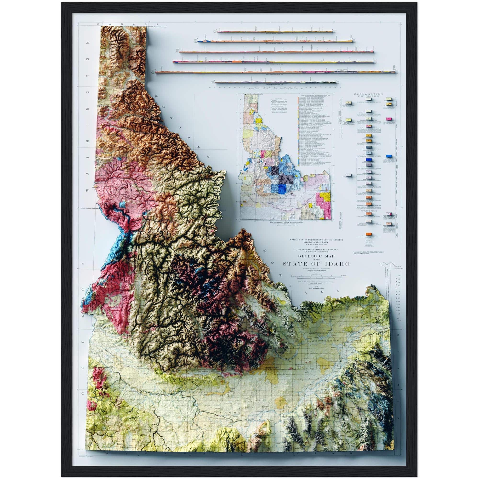 Idaho Map 1947, Geology :Shaded relief map – flat print (not a 3D raised map)