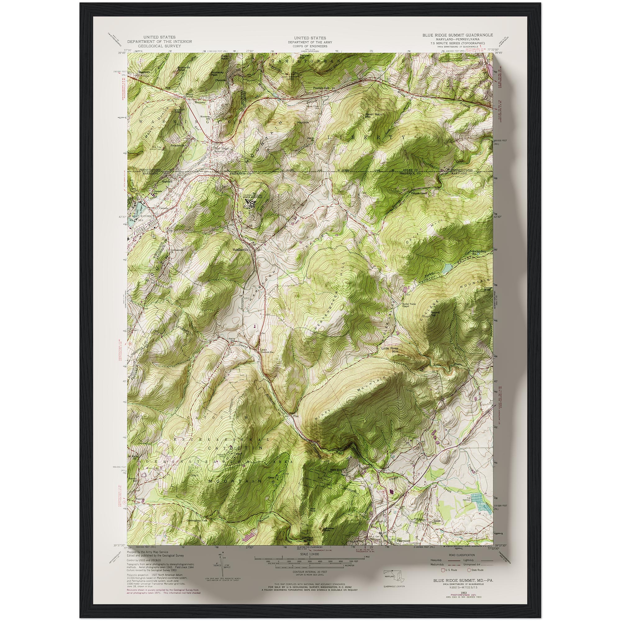 Blue Ridge Mountains Map :Shaded relief map – flat print (not a 3D raised map)