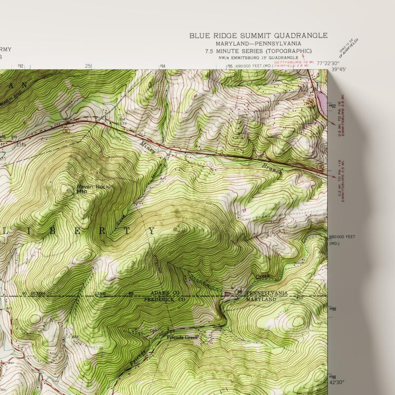 Blue Ridge Mountains Map :Shaded relief map – flat print (not a 3D raised map)