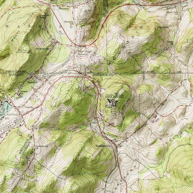 Blue Ridge Mountains Map :Shaded relief map – flat print (not a 3D raised map)
