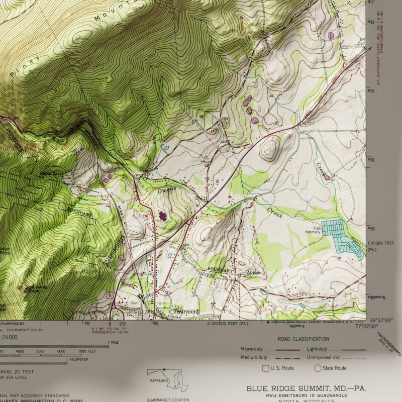 Blue Ridge Mountains Map :Shaded relief map – flat print (not a 3D raised map)