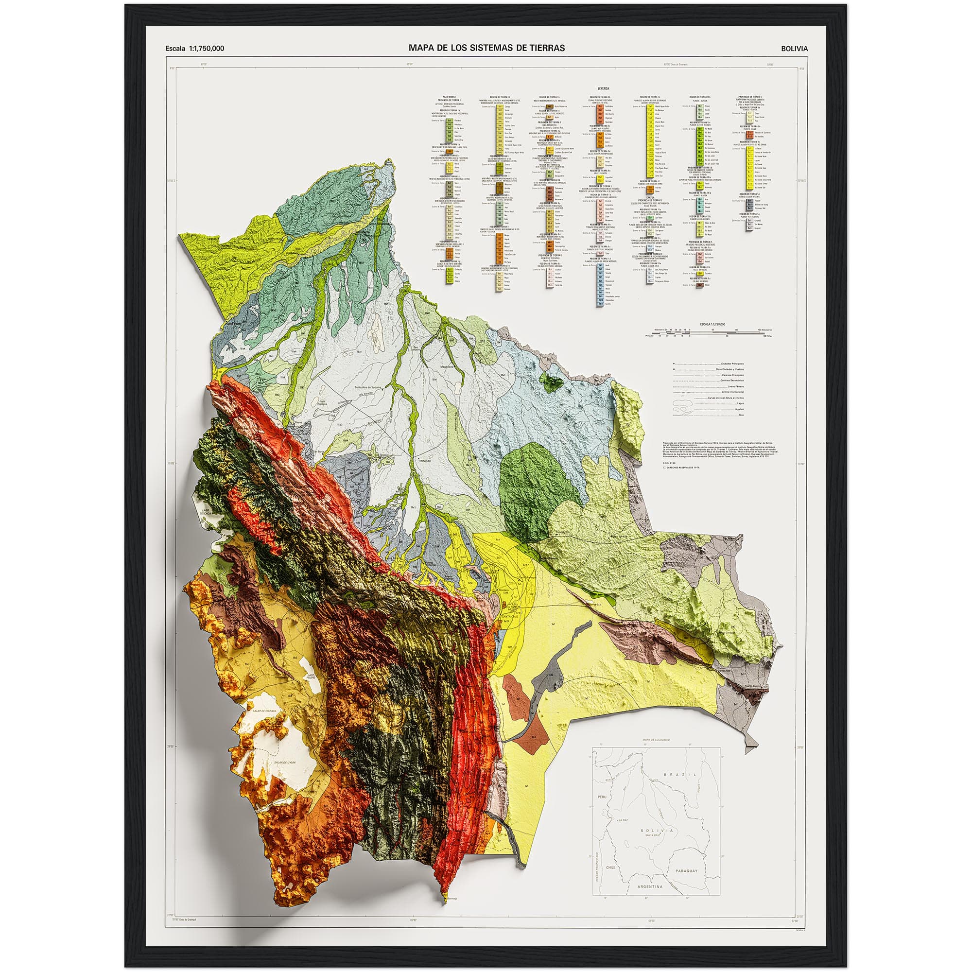 Bolivia Map 1974 Geology :Shaded relief map – flat print (not a 3D raised map)