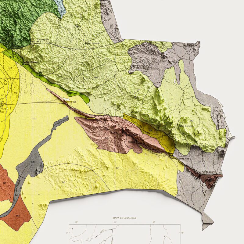 Bolivia Map 1974 Geology :Shaded relief map – flat print (not a 3D raised map)