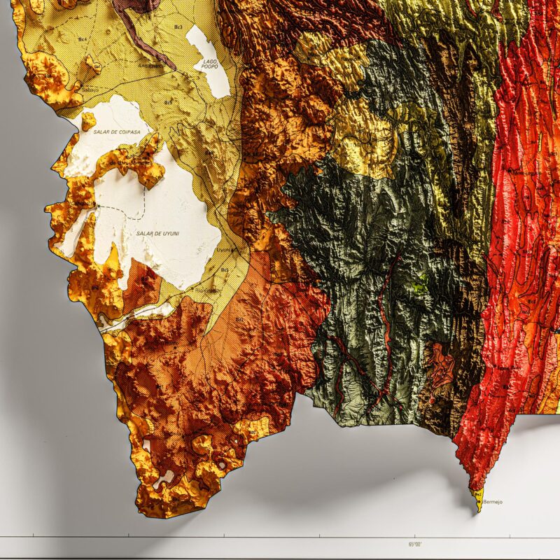 Bolivia Map 1974 Geology :Shaded relief map – flat print (not a 3D raised map)