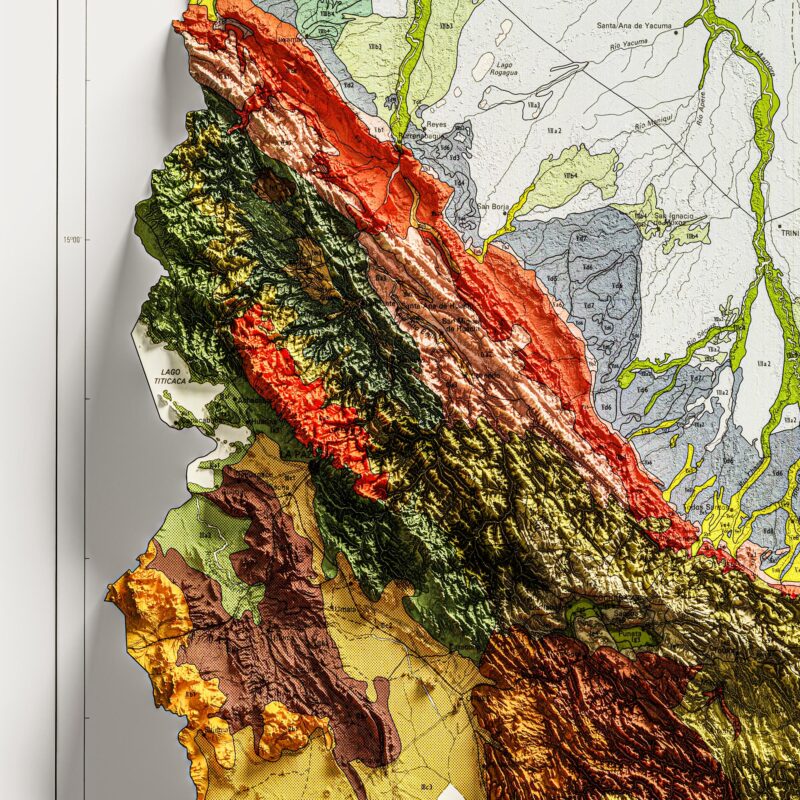 Bolivia Map 1974 Geology :Shaded relief map – flat print (not a 3D raised map)