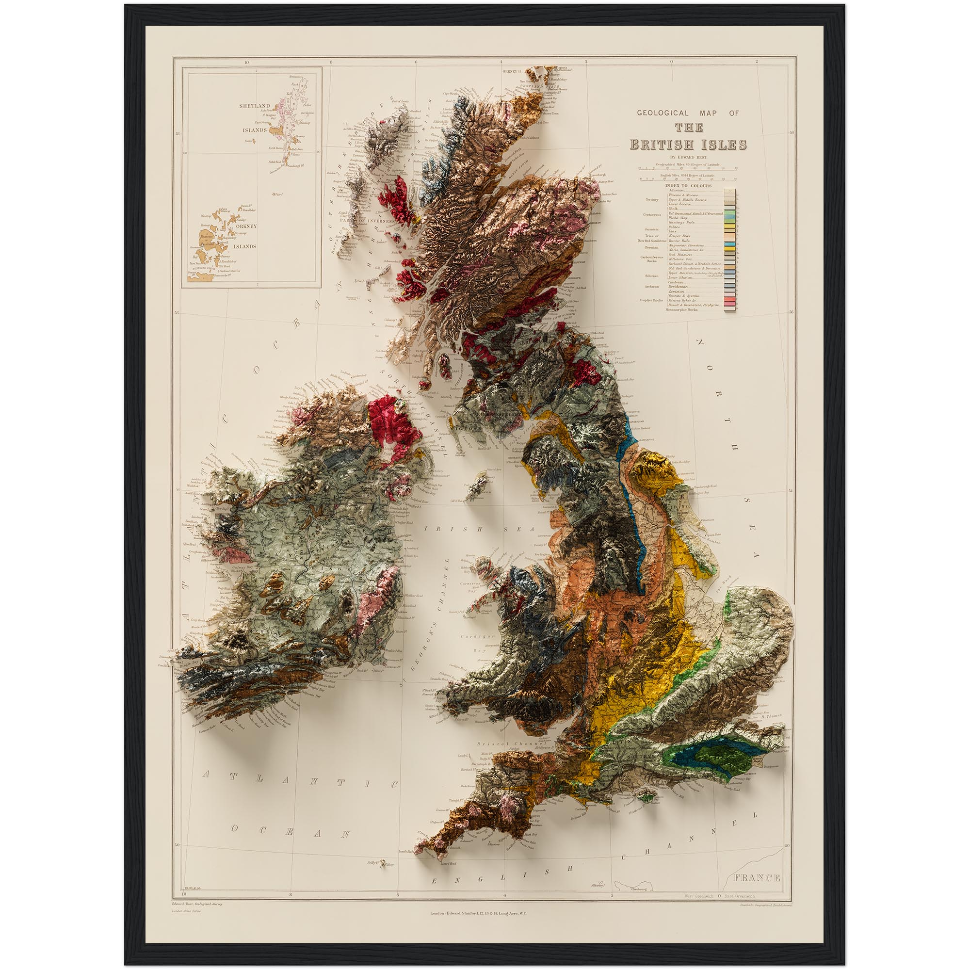 British Isles Map 1901, Geology :Shaded relief map – flat print (not a 3D raised map)
