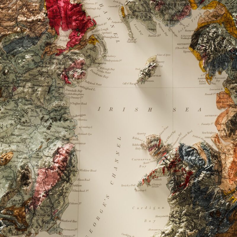 British Isles Map 1901, Geology :Shaded relief map – flat print (not a 3D raised map)