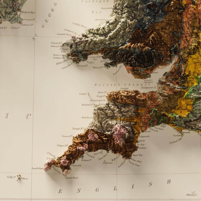 British Isles Map 1901, Geology :Shaded relief map – flat print (not a 3D raised map)