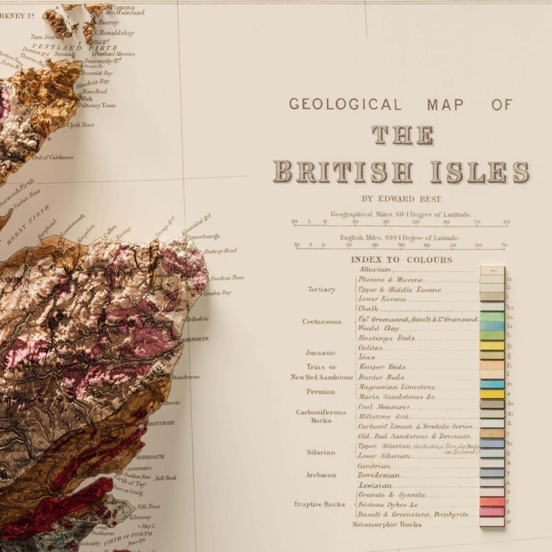 British Isles Map 1901, Geology :Shaded relief map – flat print (not a 3D raised map)