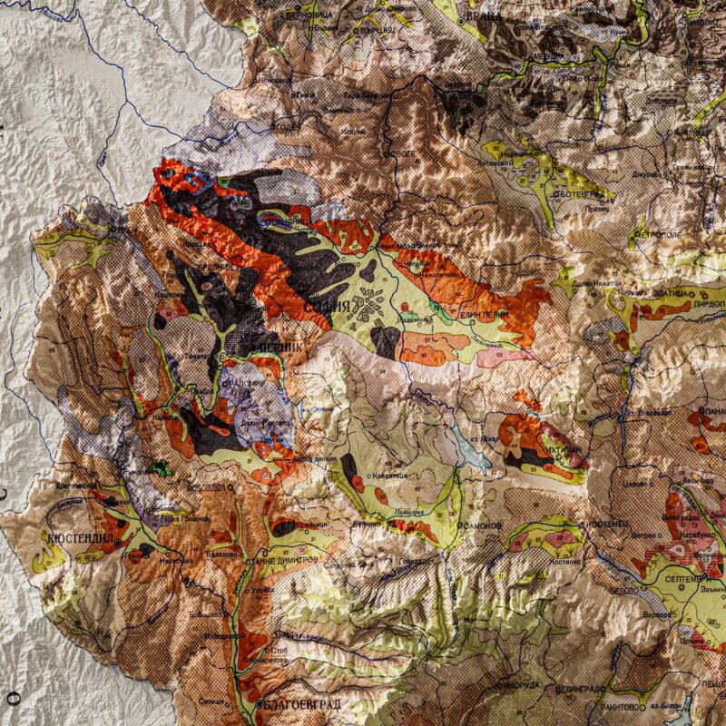 Bulgaria Map 1955, Geology :Shaded relief map – flat print (not a 3D raised map)