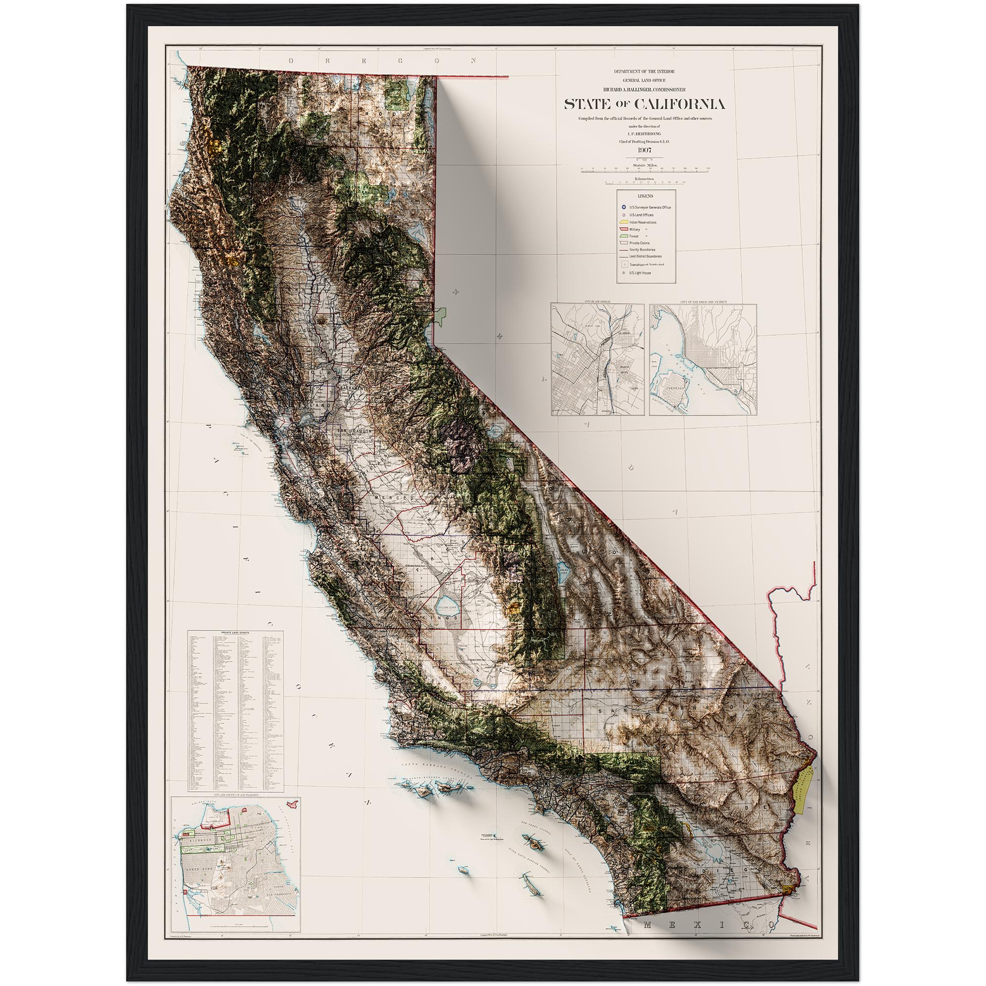 California Map 1907 :Shaded relief map – flat print (not a 3D raised map)