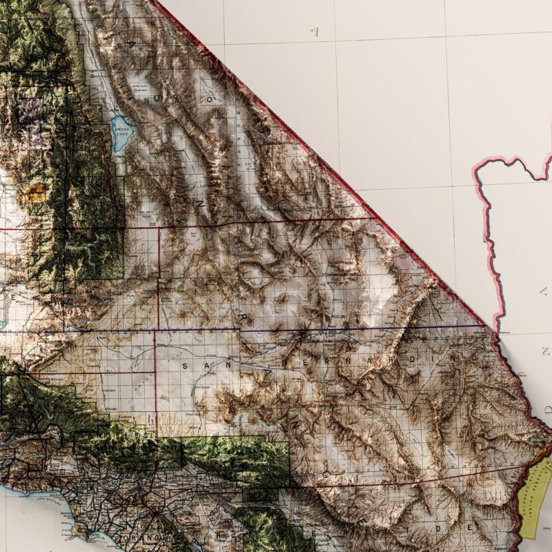 California Map 1907 :Shaded relief map – flat print (not a 3D raised map)