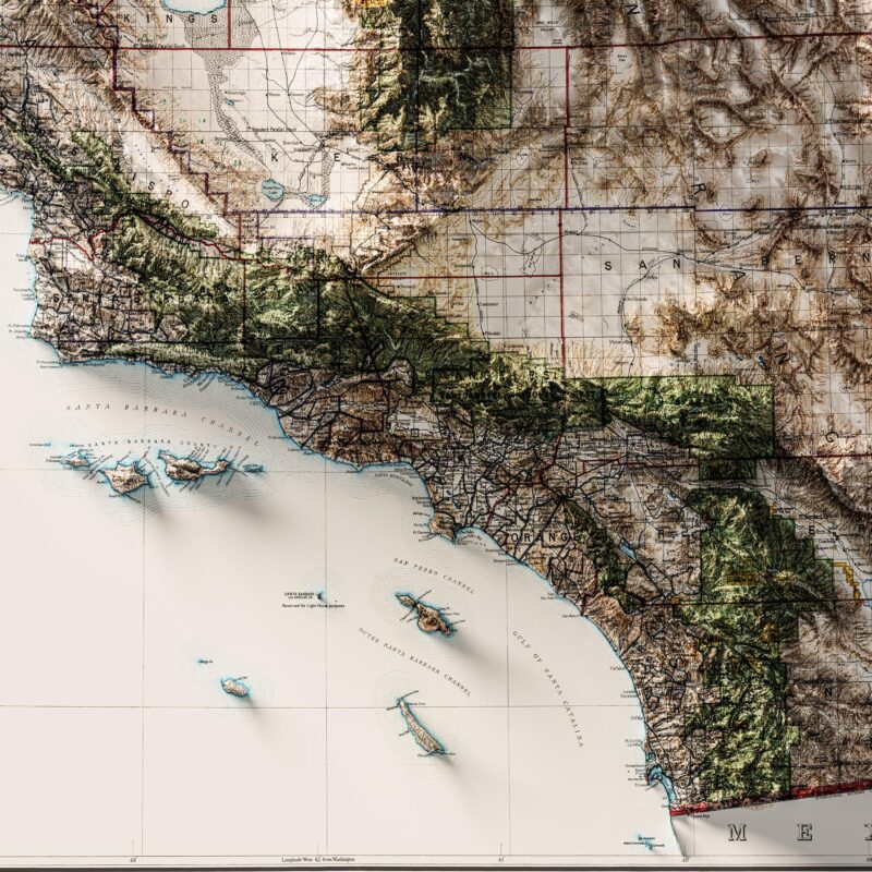 California Map 1907 :Shaded relief map – flat print (not a 3D raised map)