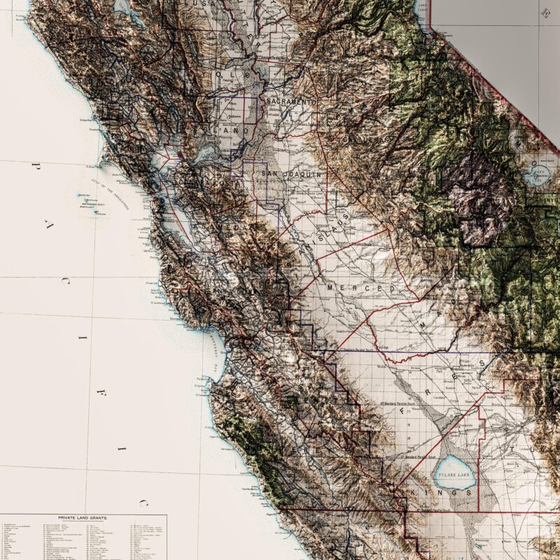 California Map 1907 :Shaded relief map – flat print (not a 3D raised map)