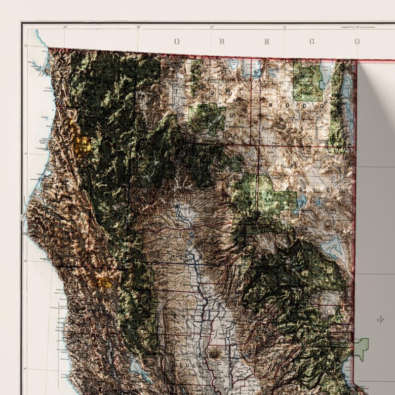 California Map 1907 :Shaded relief map – flat print (not a 3D raised map)