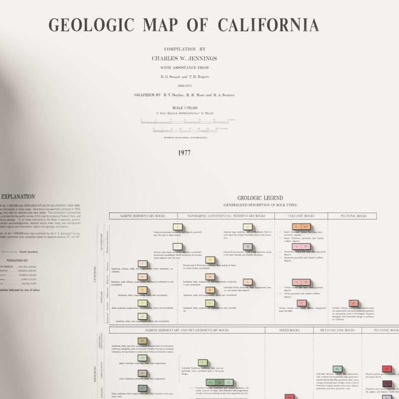 California Map 1977, Geology :Shaded relief map – flat print (not a 3D raised map)