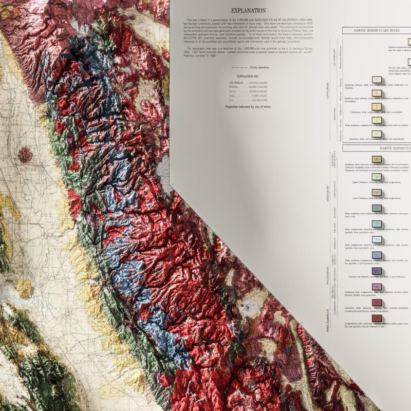 California Map 1977, Geology :Shaded relief map – flat print (not a 3D raised map)