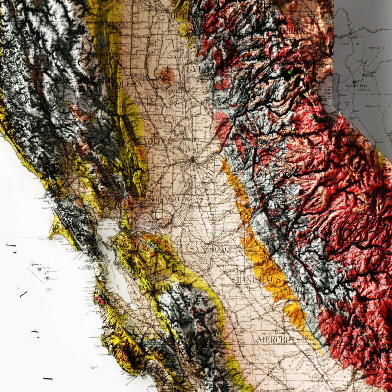 California Map1916, Geology :Shaded relief map – flat print (not a 3D raised map)