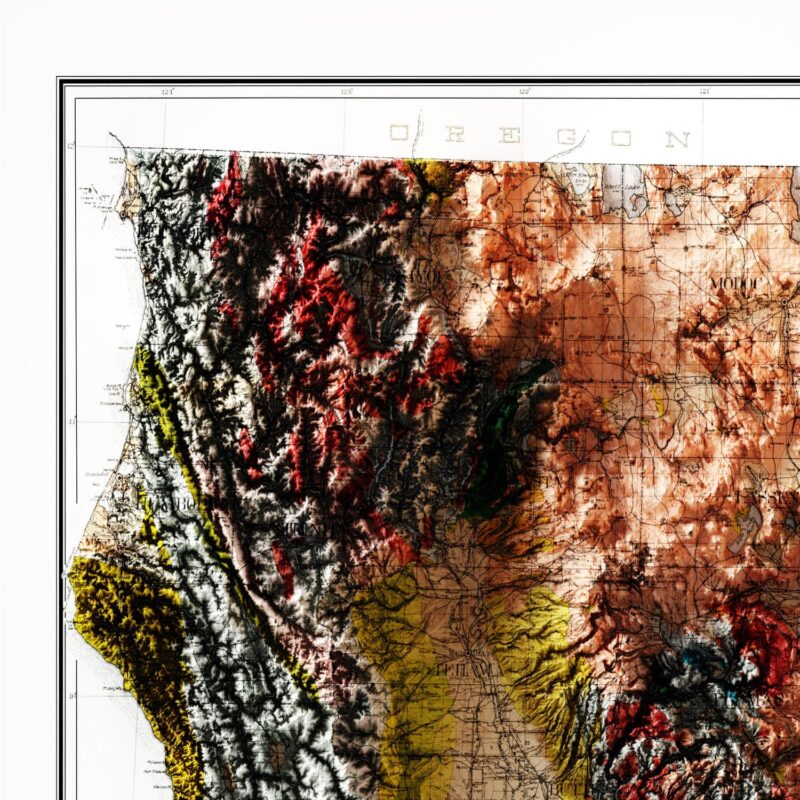 California Map1916, Geology :Shaded relief map – flat print (not a 3D raised map)