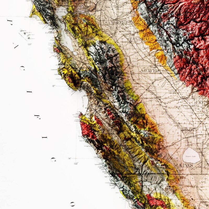 California Map1916, Geology :Shaded relief map – flat print (not a 3D raised map)