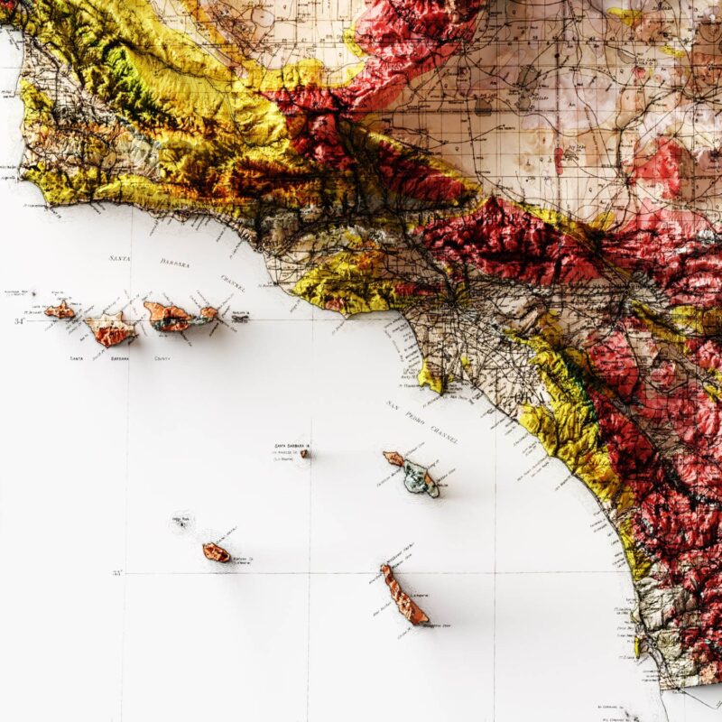 California Map1916, Geology :Shaded relief map – flat print (not a 3D raised map)