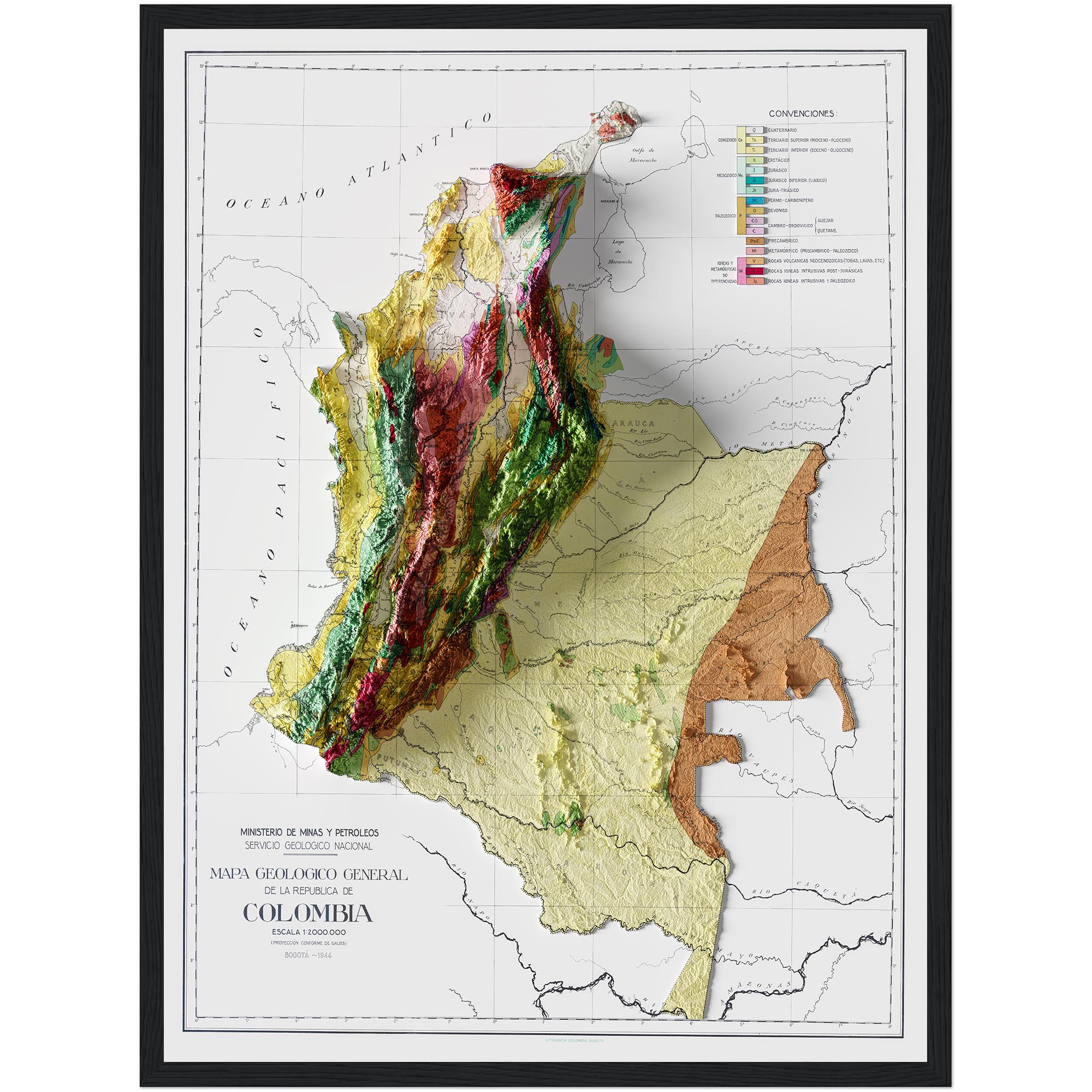 Colombia Map 1944, Geology :Shaded relief map – flat print (not a 3D raised map)