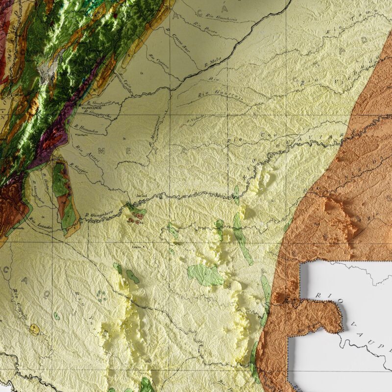 Colombia Map 1944, Geology :Shaded relief map – flat print (not a 3D raised map)
