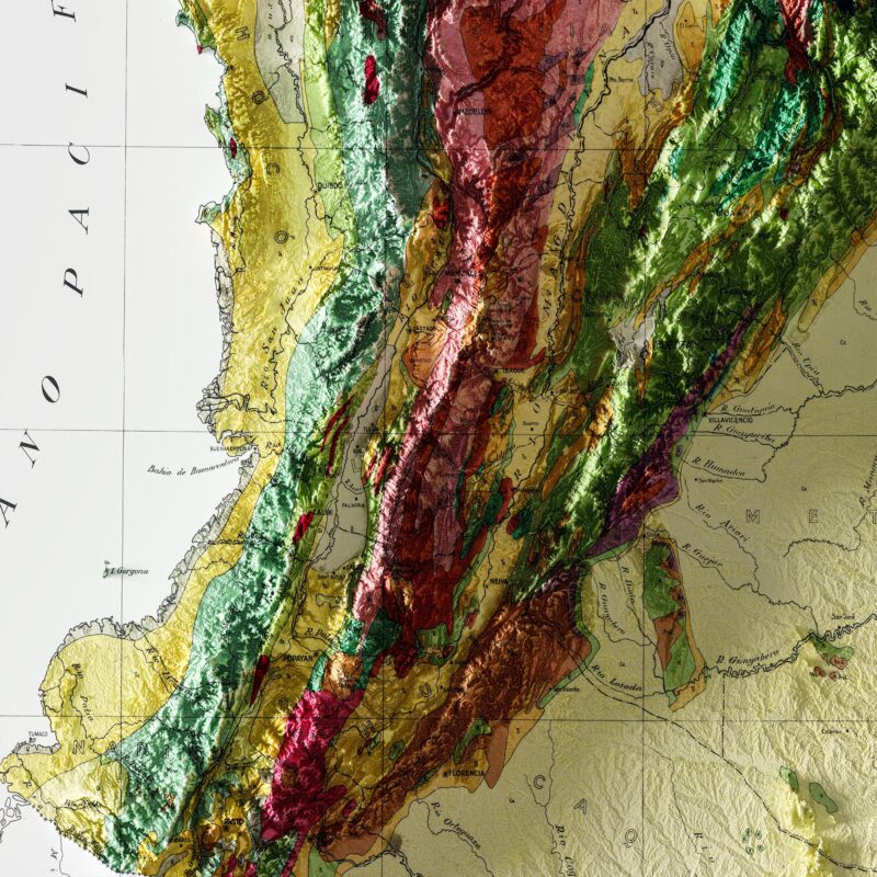 Colombia Map 1944, Geology :Shaded relief map – flat print (not a 3D raised map)