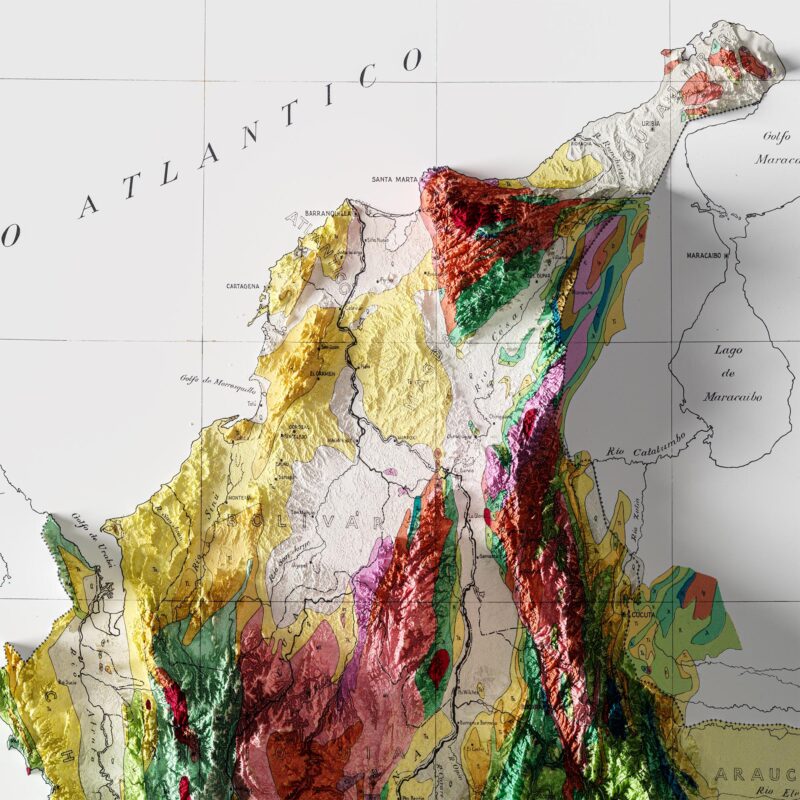 Colombia Map 1944, Geology :Shaded relief map – flat print (not a 3D raised map)