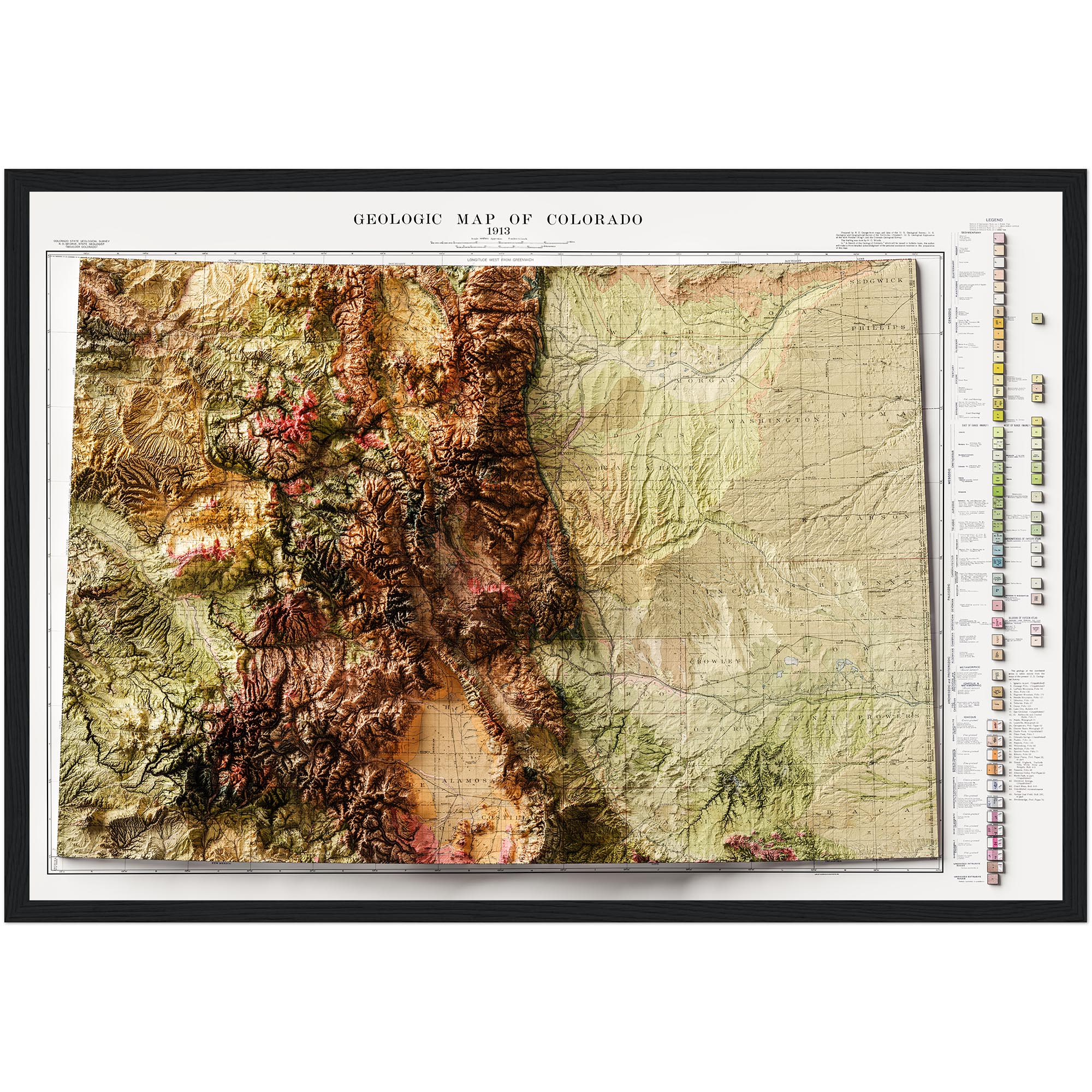 Colorado Map 1913, Geology :Shaded relief map – flat print (not a 3D raised map)