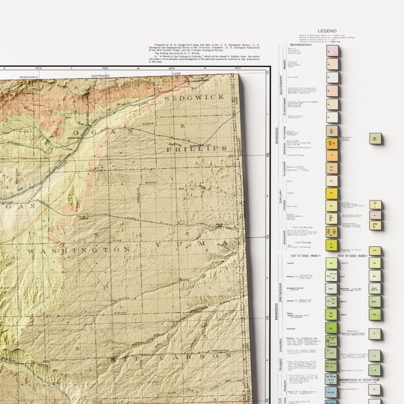 Colorado Map 1913, Geology :Shaded relief map – flat print (not a 3D raised map)