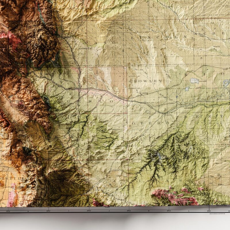 Colorado Map 1913, Geology :Shaded relief map – flat print (not a 3D raised map)