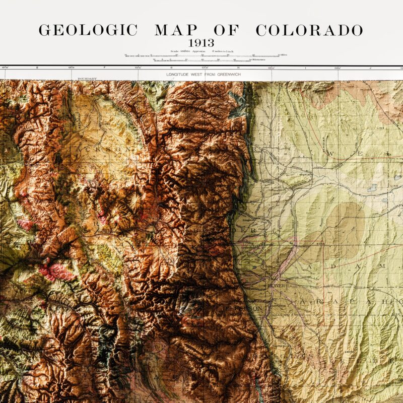 Colorado Map 1913, Geology :Shaded relief map – flat print (not a 3D raised map)