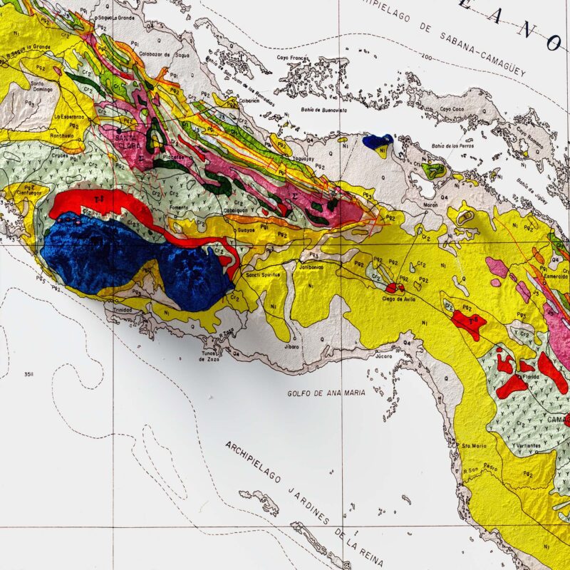 Cuba Geologic Map 1962 :Shaded relief map – flat print (not a 3D raised map)