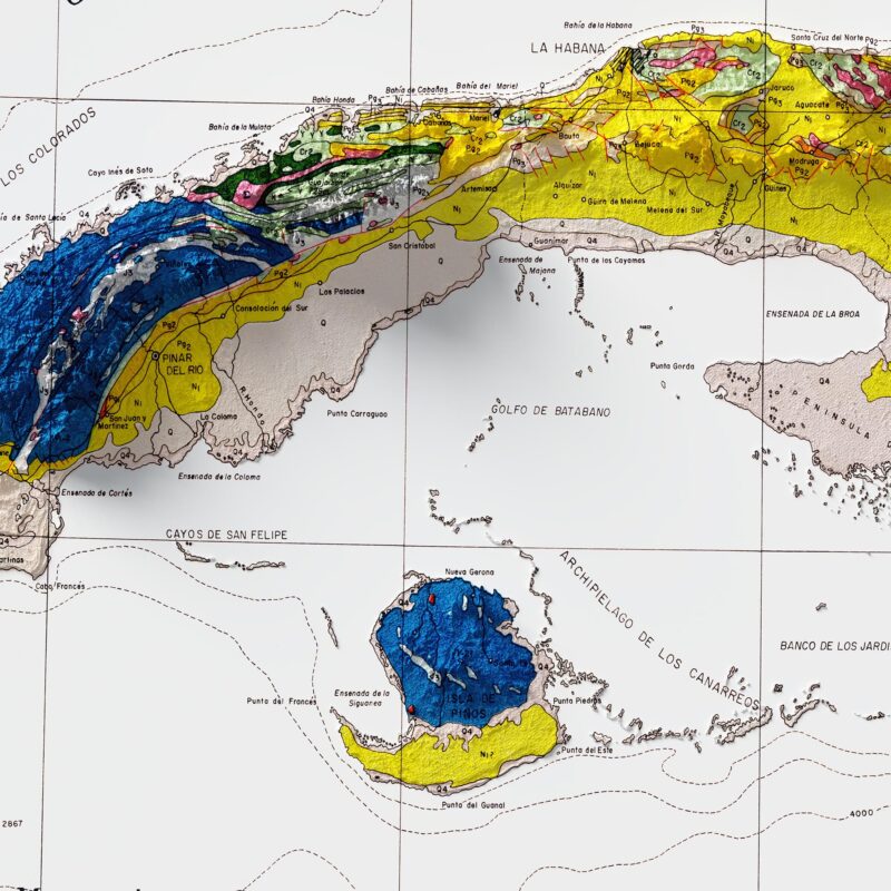 Cuba Geologic Map 1962 :Shaded relief map – flat print (not a 3D raised map)