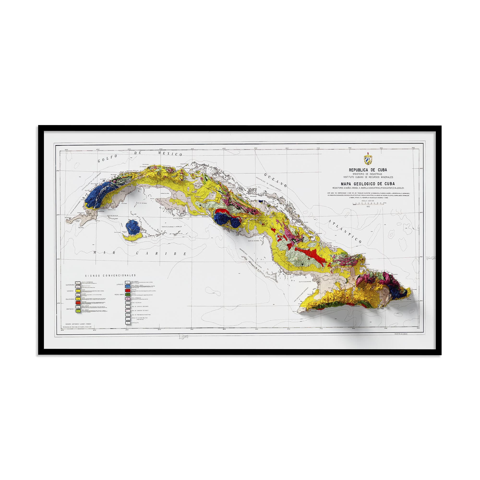 Cuba Geologic Map 1962 :Shaded relief map – flat print (not a 3D raised map)