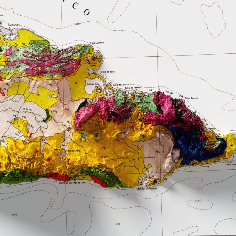 Cuba Geologic Map 1962 :Shaded relief map – flat print (not a 3D raised map)