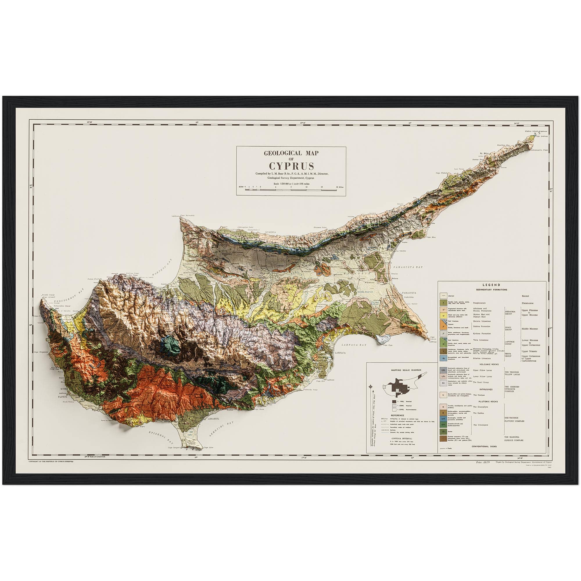 Cyprus Map 1969, Geology :Shaded relief map – flat print (not a 3D raised map)