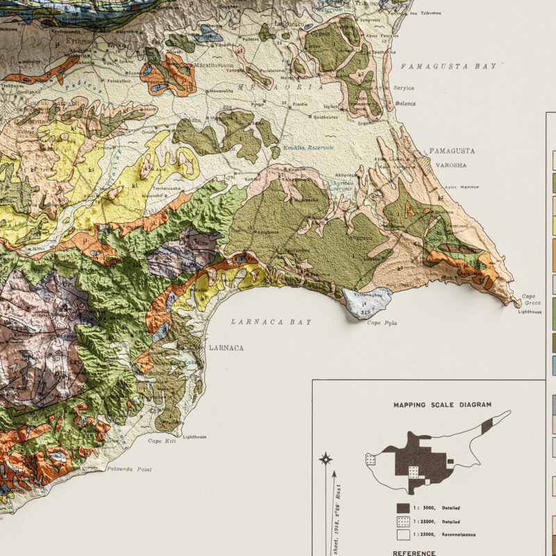 Cyprus Map 1969, Geology :Shaded relief map – flat print (not a 3D raised map)