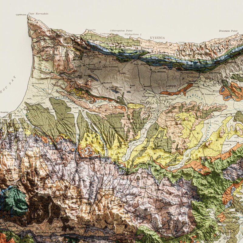 Cyprus Map 1969, Geology :Shaded relief map – flat print (not a 3D raised map)