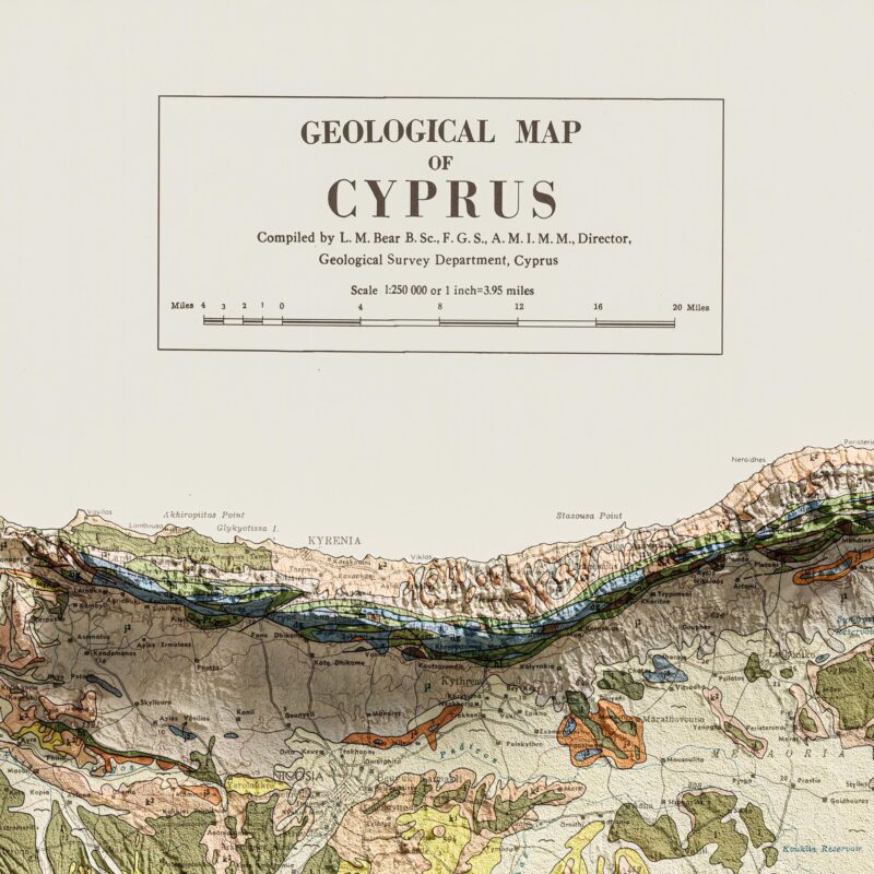 Cyprus Map 1969, Geology :Shaded relief map – flat print (not a 3D raised map)