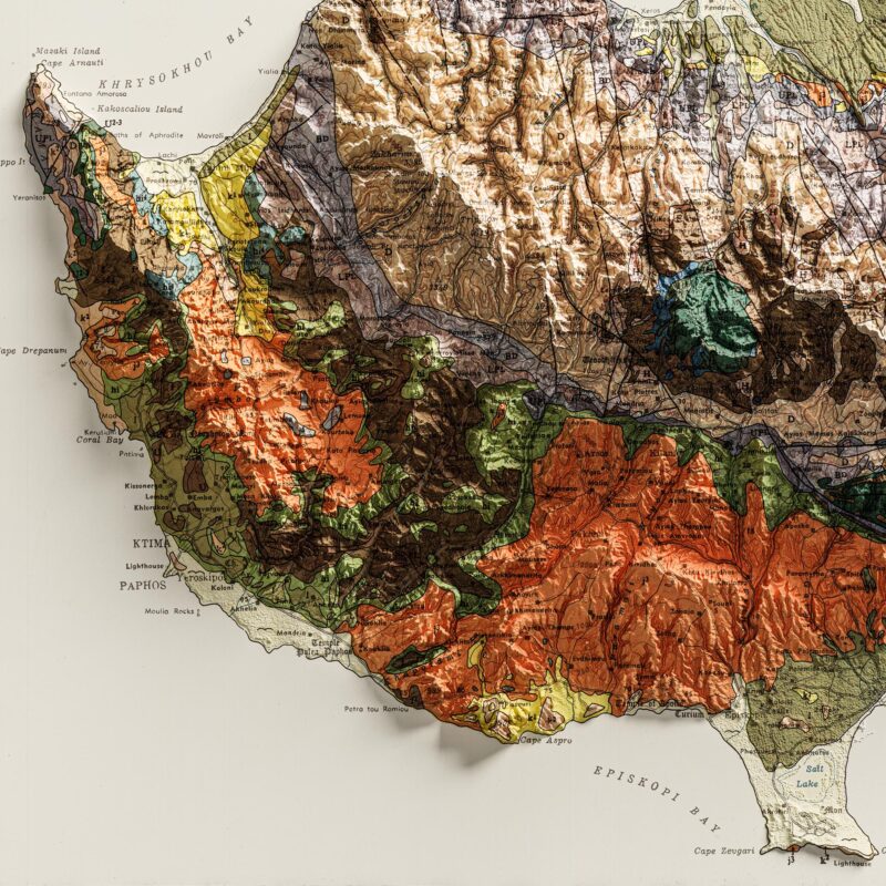 Cyprus Map 1969, Geology :Shaded relief map – flat print (not a 3D raised map)