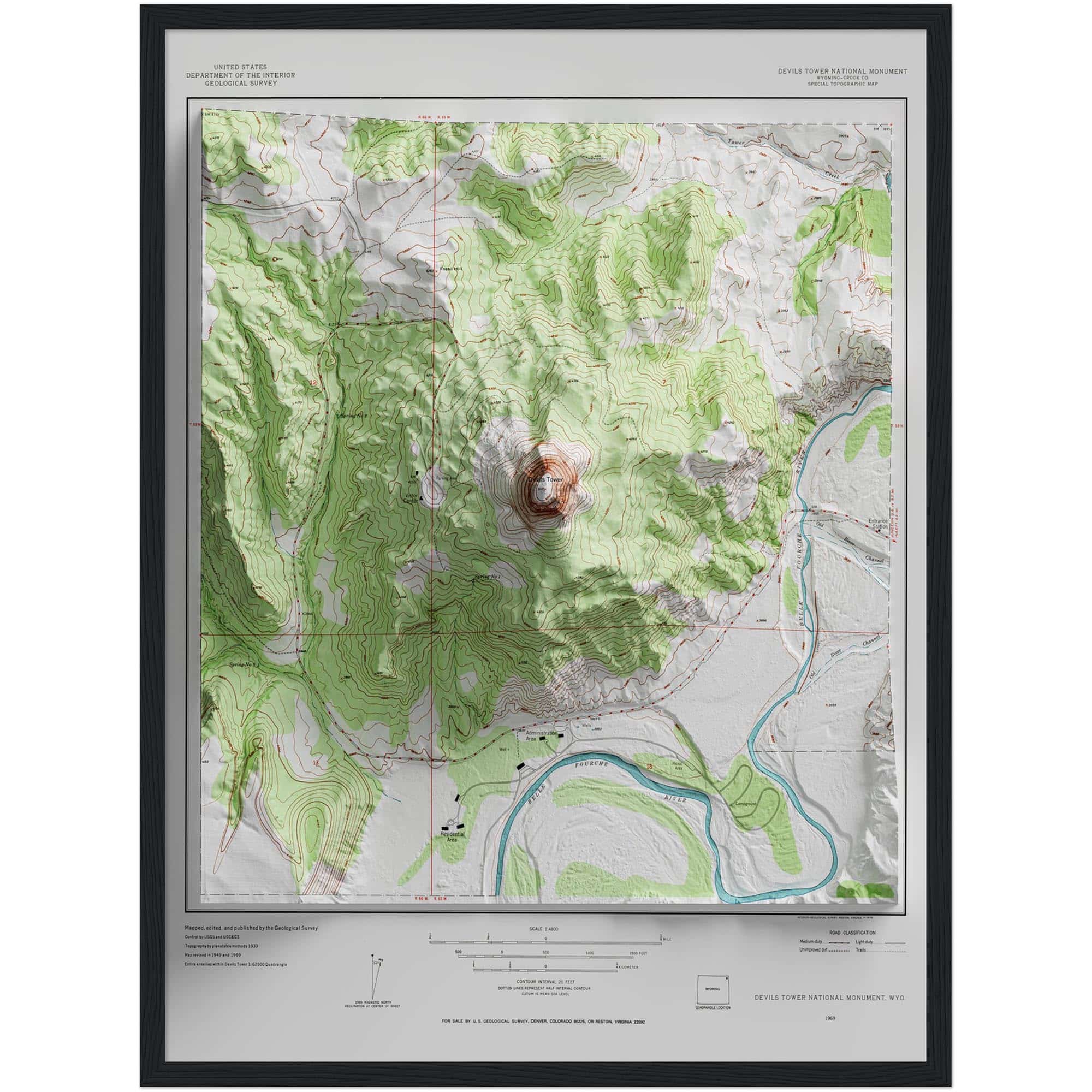 Devils Tower Wyoming Map 1969 :Shaded relief map – flat print (not a 3D raised map)