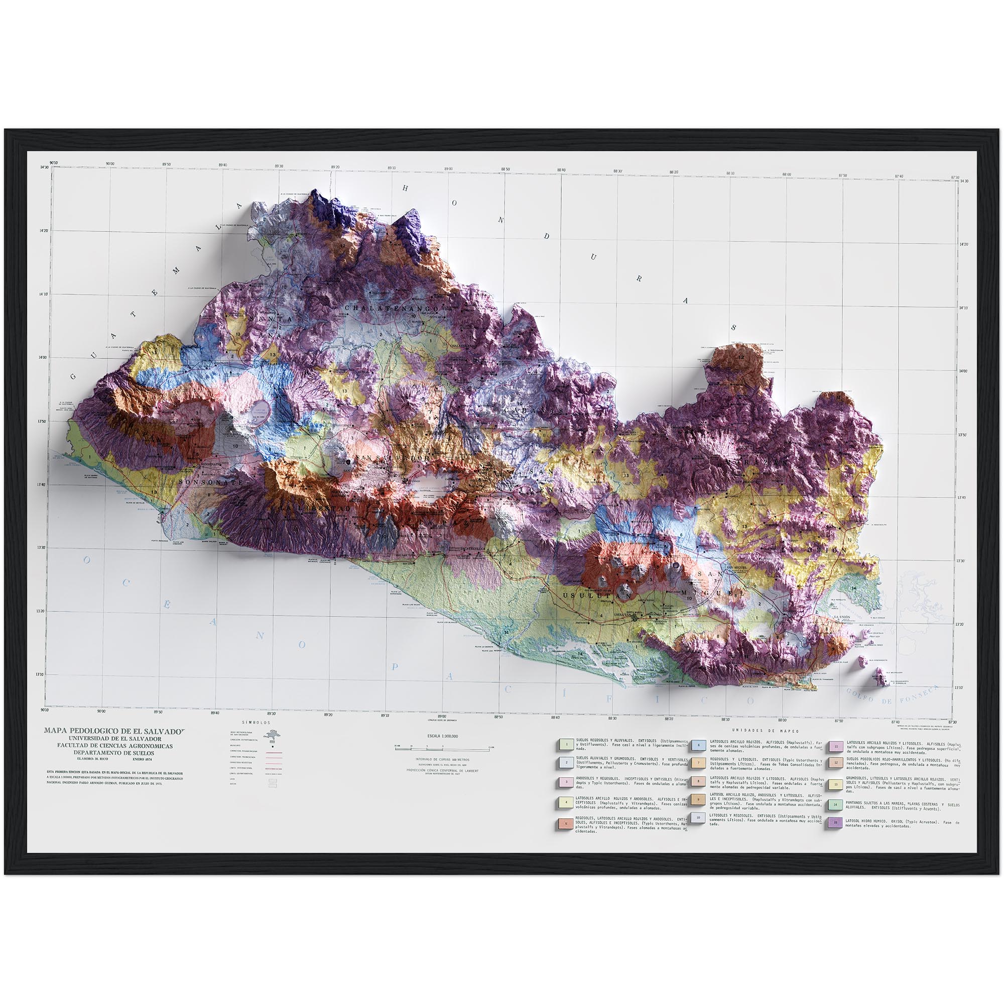 El Salvador Map 1974, Geology :Shaded relief map – flat print (not a 3D raised map)