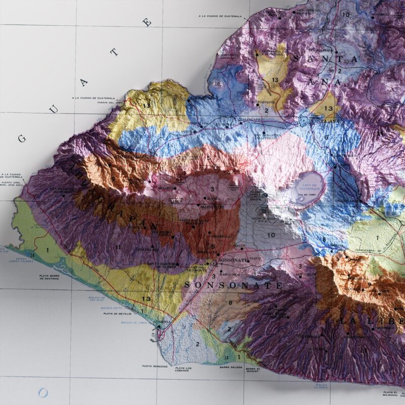 El Salvador Map 1974, Geology :Shaded relief map – flat print (not a 3D raised map)