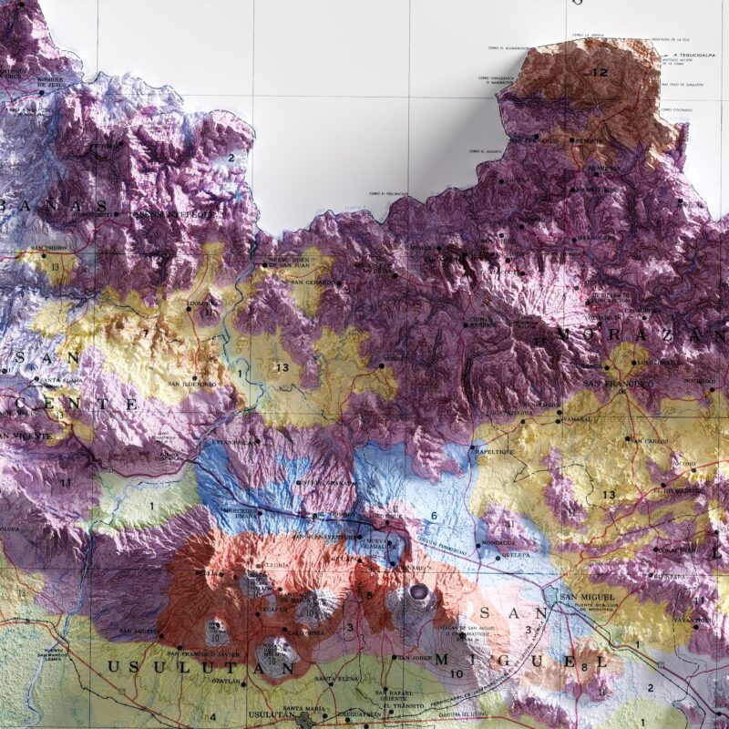 El Salvador Map 1974, Geology :Shaded relief map – flat print (not a 3D raised map)