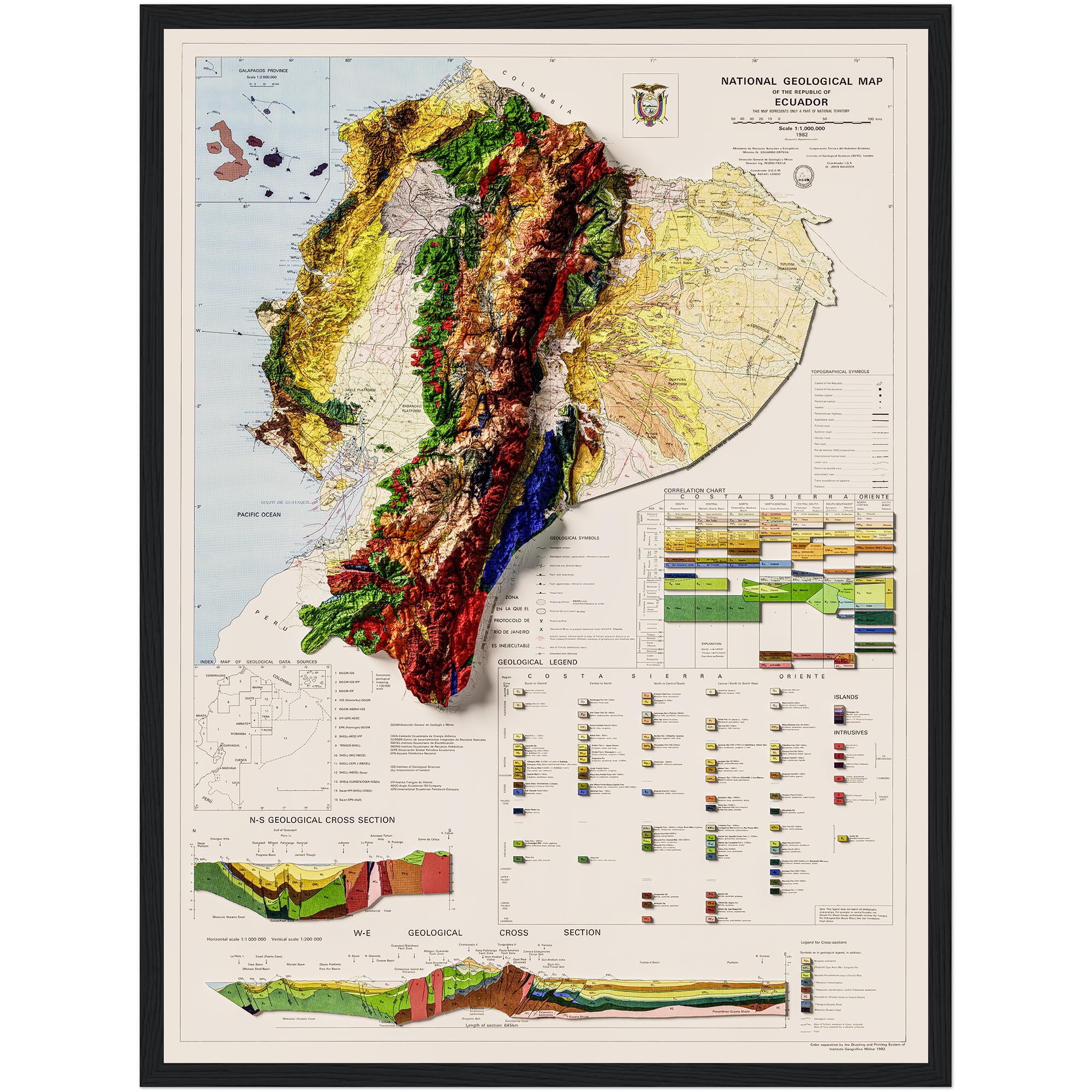 Ecuador Map 1982, Geology :Shaded relief map – flat print (not a 3D raised map)