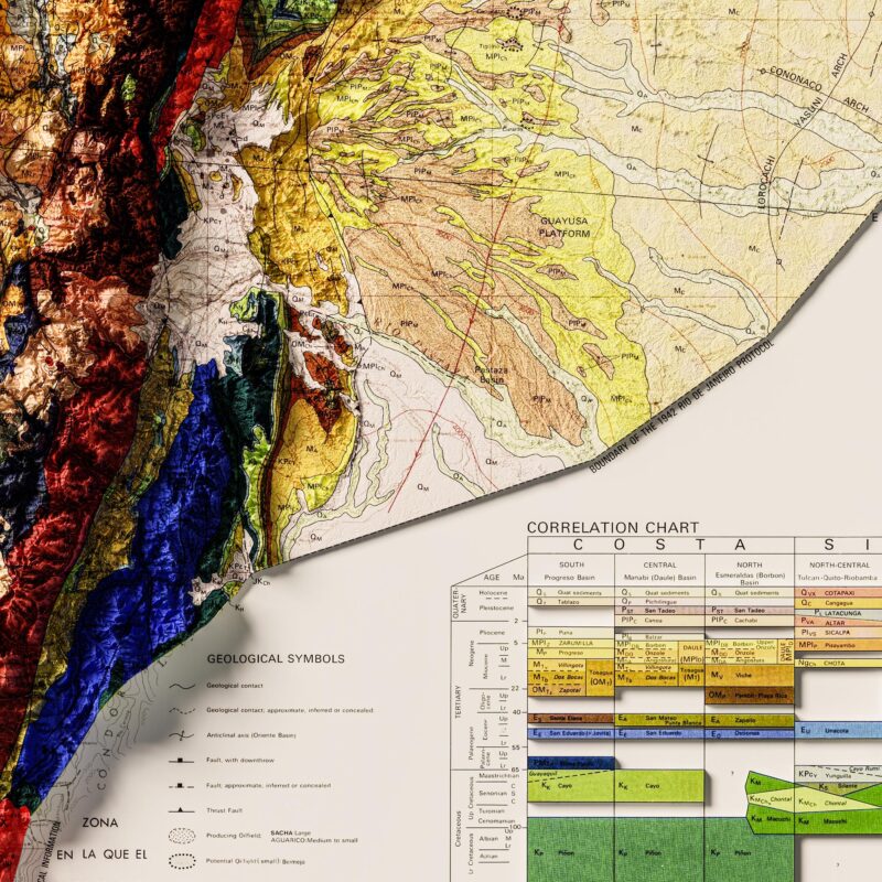 Ecuador Map 1982, Geology :Shaded relief map – flat print (not a 3D raised map)