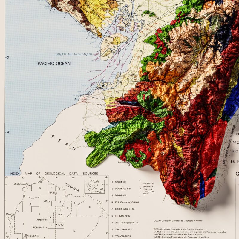 Ecuador Map 1982, Geology :Shaded relief map – flat print (not a 3D raised map)