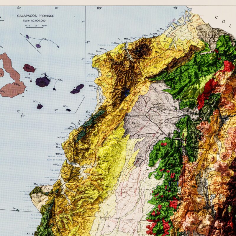 Ecuador Map 1982, Geology :Shaded relief map – flat print (not a 3D raised map)